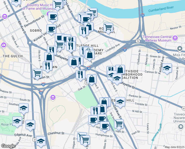 map of restaurants, bars, coffee shops, grocery stores, and more near 933 3rd Avenue South in Nashville