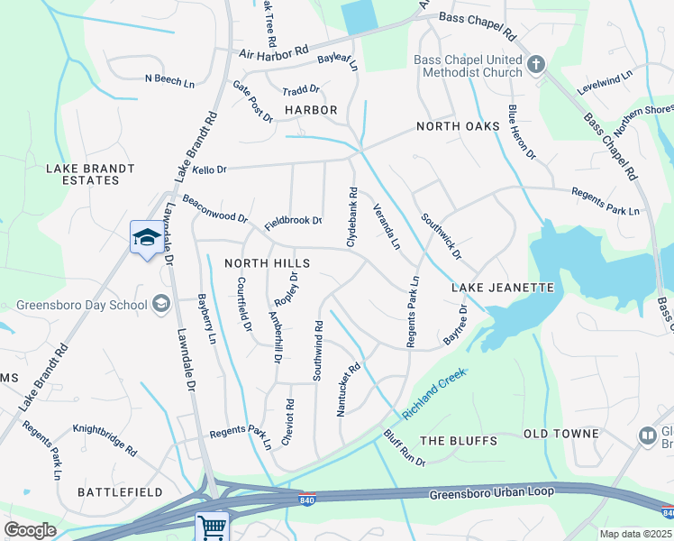 map of restaurants, bars, coffee shops, grocery stores, and more near 5406 Southwind Road in Greensboro
