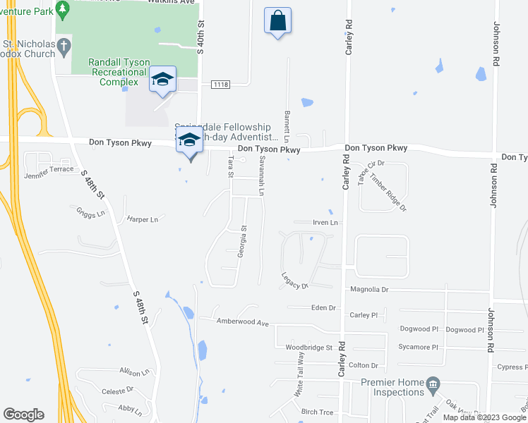 map of restaurants, bars, coffee shops, grocery stores, and more near 3930 Savannah Lane in Springdale