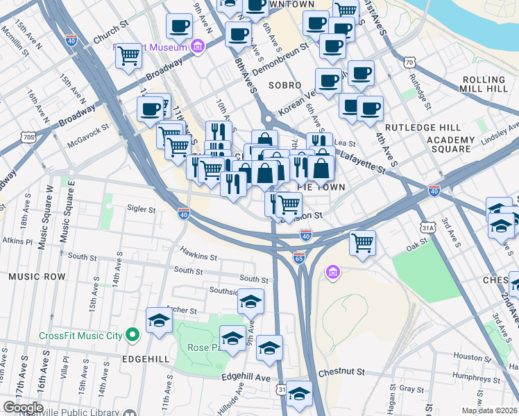 map of restaurants, bars, coffee shops, grocery stores, and more near 810 Division Street in Nashville