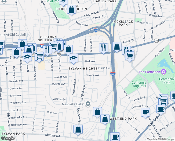 map of restaurants, bars, coffee shops, grocery stores, and more near 302 37th Avenue North in Nashville