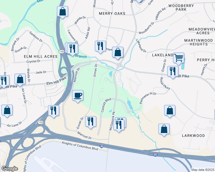 map of restaurants, bars, coffee shops, grocery stores, and more near 26 Century Boulevard in Nashville