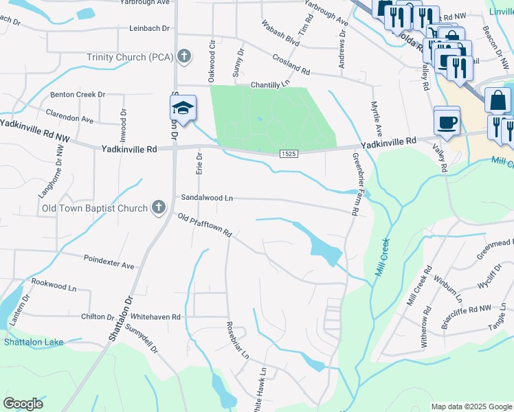 map of restaurants, bars, coffee shops, grocery stores, and more near 3808 Sandalwood Lane in Winston-Salem