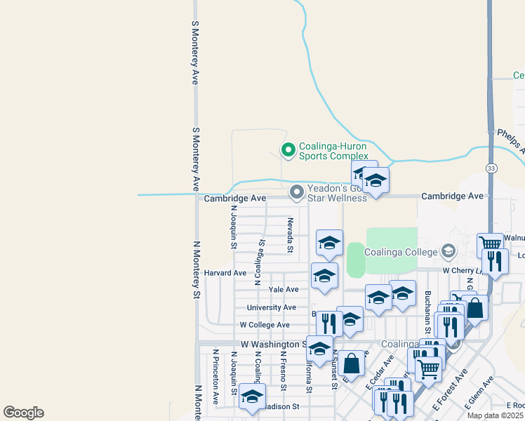 map of restaurants, bars, coffee shops, grocery stores, and more near 1515 North Coalinga Street in Coalinga