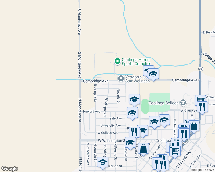 map of restaurants, bars, coffee shops, grocery stores, and more near 1515 North Coalinga Street in Coalinga
