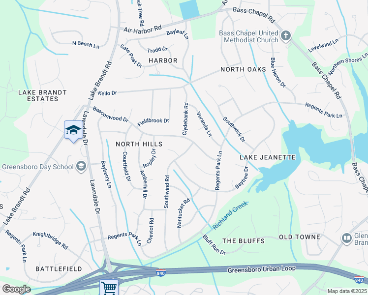 map of restaurants, bars, coffee shops, grocery stores, and more near 5406 Southwind Road in Greensboro