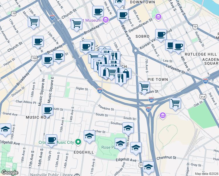 map of restaurants, bars, coffee shops, grocery stores, and more near 915 Division Street in Nashville