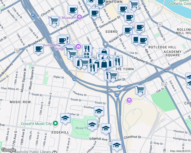 map of restaurants, bars, coffee shops, grocery stores, and more near 921 Division Street in Nashville