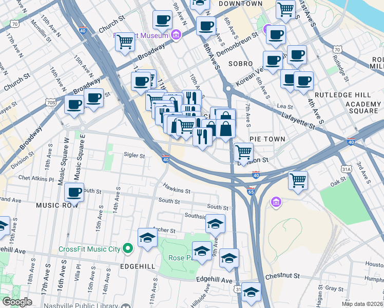 map of restaurants, bars, coffee shops, grocery stores, and more near 909 Division Street in Nashville