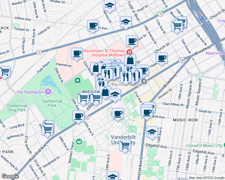 map of restaurants, bars, coffee shops, grocery stores, and more near Hayes Street & Louise Avenue in Nashville