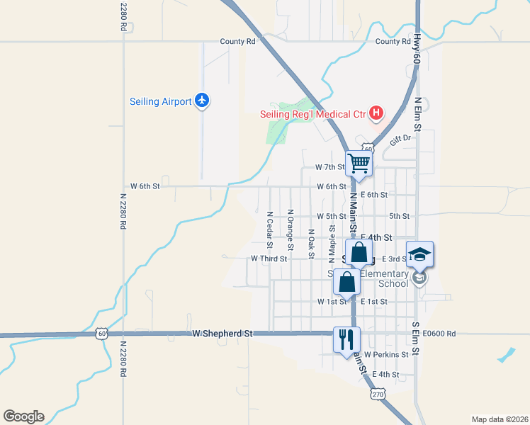 map of restaurants, bars, coffee shops, grocery stores, and more near 408 North Cedar Street in Seiling
