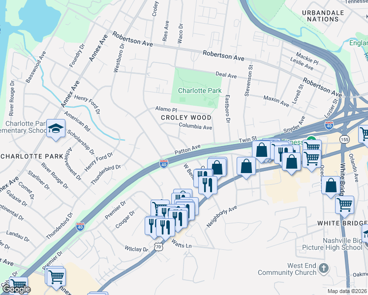 map of restaurants, bars, coffee shops, grocery stores, and more near 506 West Bend Drive in Nashville
