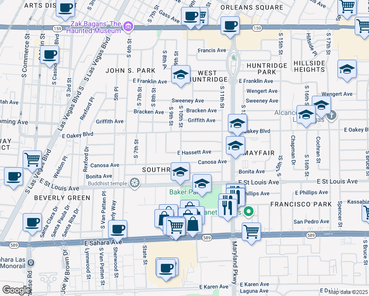 map of restaurants, bars, coffee shops, grocery stores, and more near 1000 East Hassett Avenue in Las Vegas