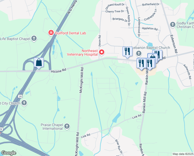 map of restaurants, bars, coffee shops, grocery stores, and more near 4613 Hazelburn Drive in Greensboro