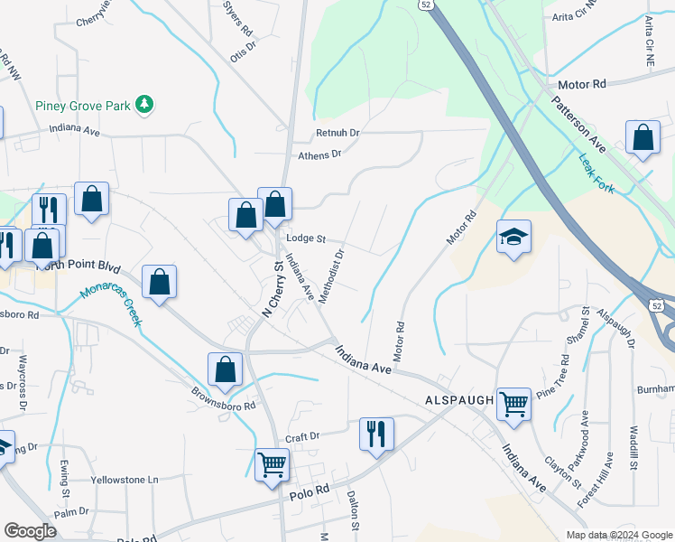 map of restaurants, bars, coffee shops, grocery stores, and more near 207 Methodist Drive in Winston-Salem