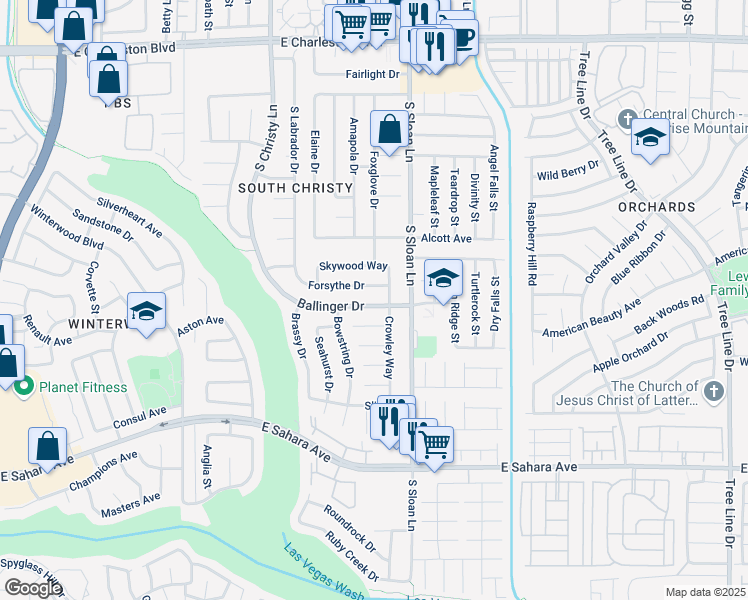 map of restaurants, bars, coffee shops, grocery stores, and more near 5775 Ballinger Drive in Las Vegas