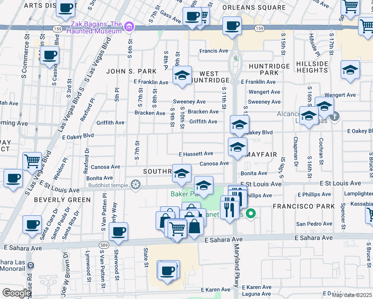 map of restaurants, bars, coffee shops, grocery stores, and more near 1000 East Hassett Avenue in Las Vegas