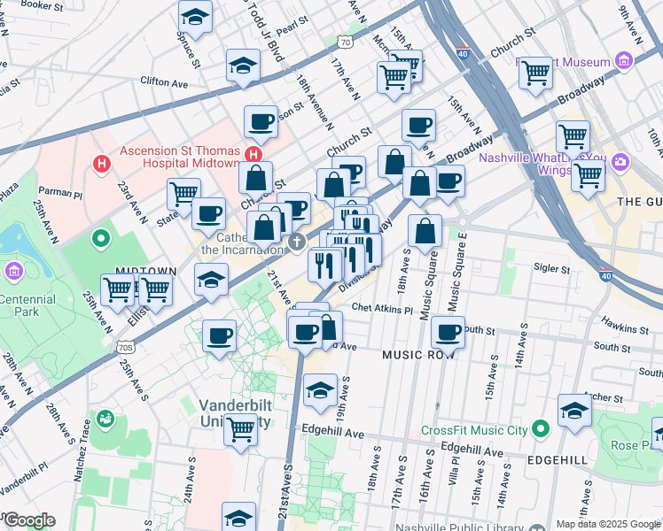 map of restaurants, bars, coffee shops, grocery stores, and more near 1915 Broadway in Nashville