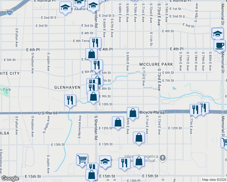 map of restaurants, bars, coffee shops, grocery stores, and more near 820 South 67th East Avenue in Tulsa