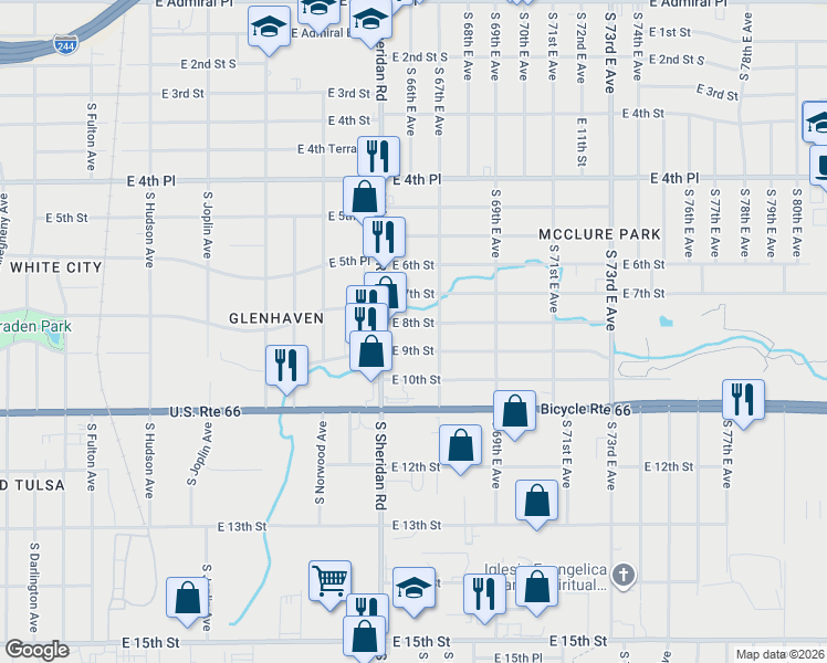 map of restaurants, bars, coffee shops, grocery stores, and more near 851 South Sheridan Road in Tulsa
