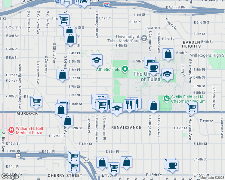 map of restaurants, bars, coffee shops, grocery stores, and more near 2639 East 8th Street in Tulsa