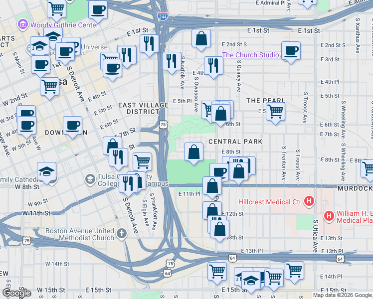 map of restaurants, bars, coffee shops, grocery stores, and more near 1120 East 8th Street in Tulsa