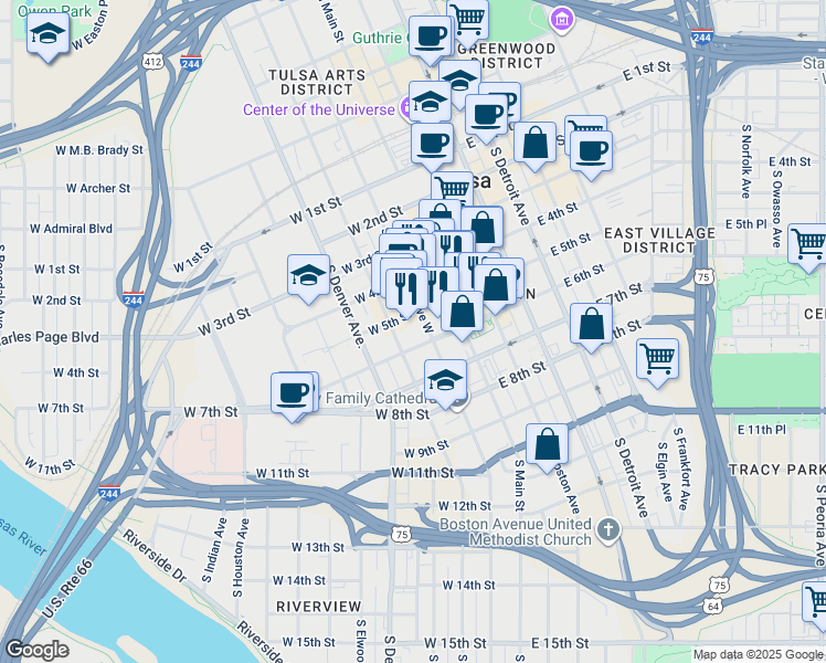 map of restaurants, bars, coffee shops, grocery stores, and more near 101 West 6th Street in Tulsa