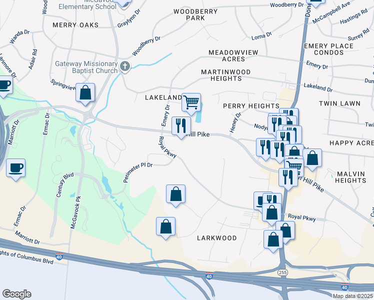 map of restaurants, bars, coffee shops, grocery stores, and more near 511 Royal Parkway in Nashville