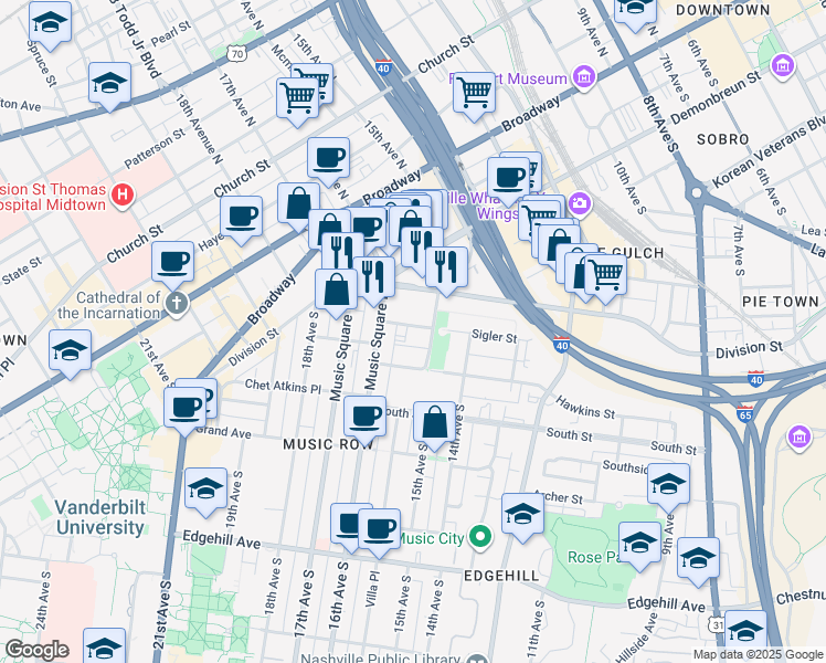 map of restaurants, bars, coffee shops, grocery stores, and more near 7 Music Circle North in Nashville