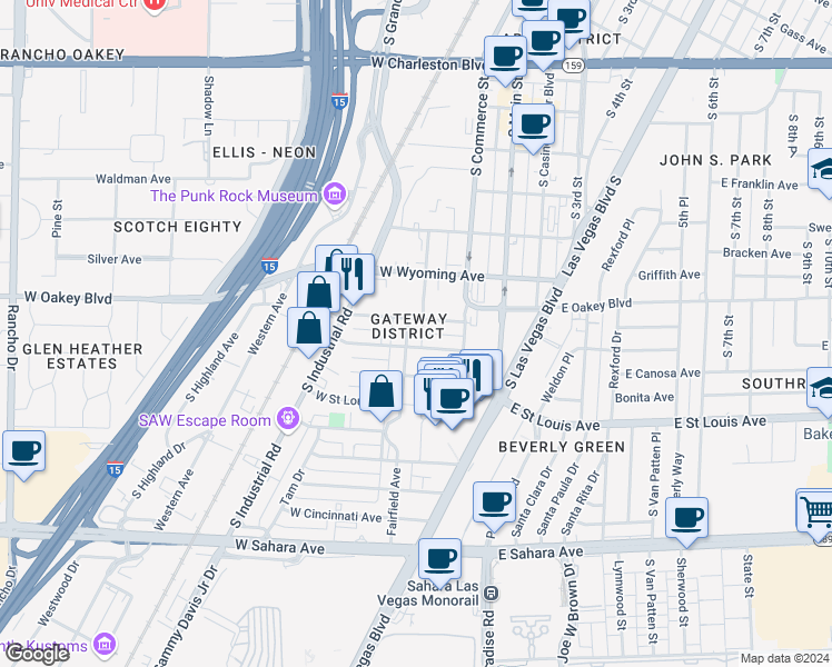 map of restaurants, bars, coffee shops, grocery stores, and more near 1709 Fairfield Avenue in Las Vegas