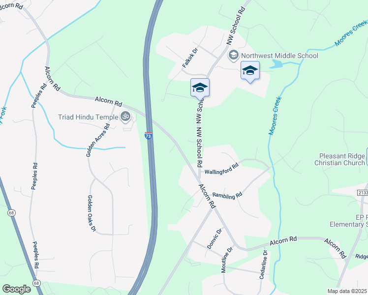 map of restaurants, bars, coffee shops, grocery stores, and more near 7706 Alcorn Road in Greensboro