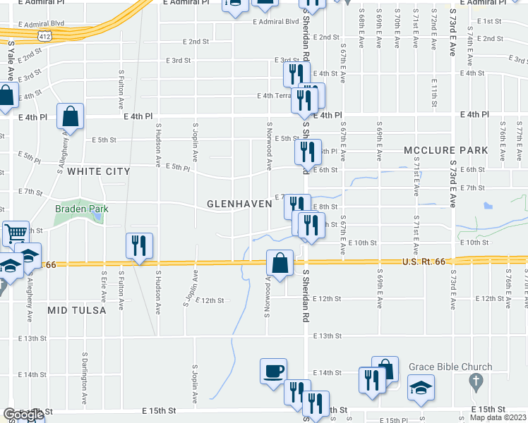map of restaurants, bars, coffee shops, grocery stores, and more near 714 South Norwood Avenue in Tulsa