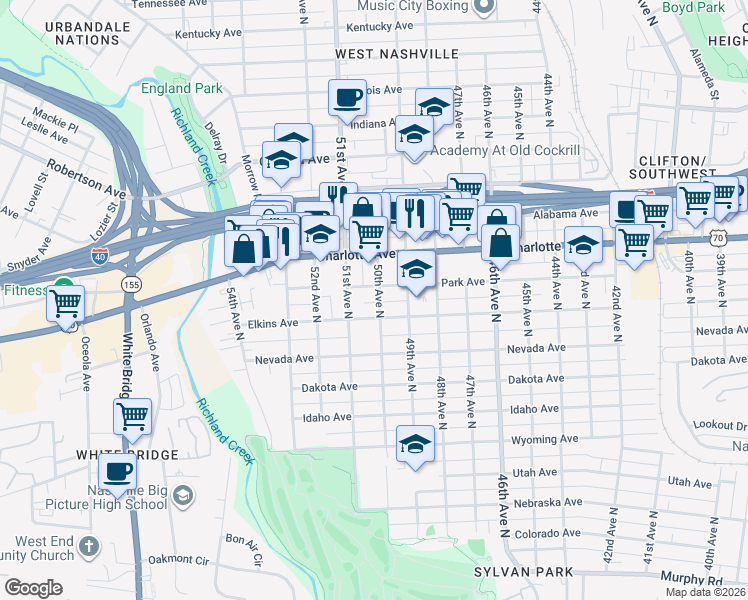 map of restaurants, bars, coffee shops, grocery stores, and more near 4910 Elkins Avenue in Nashville