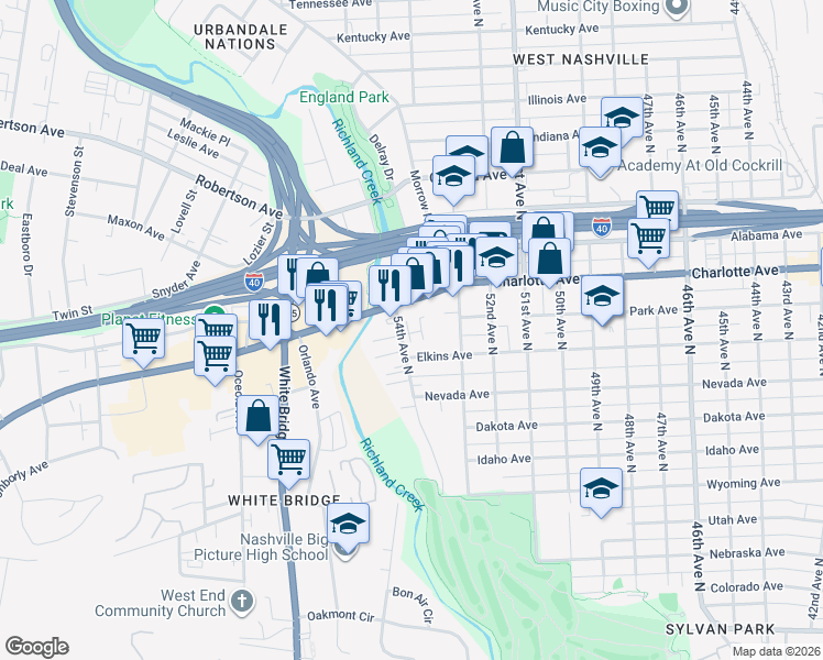 map of restaurants, bars, coffee shops, grocery stores, and more near 320 54th Avenue North in Nashville