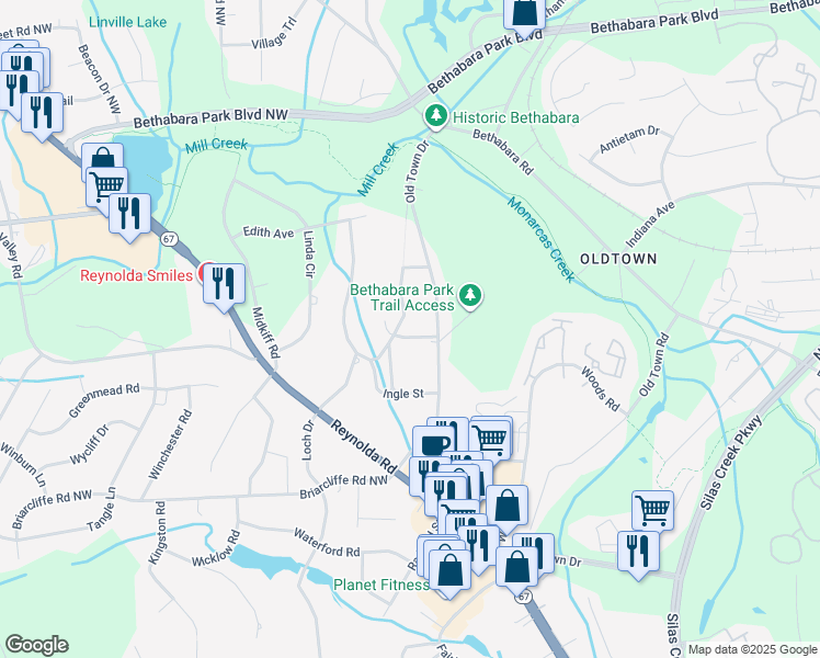 map of restaurants, bars, coffee shops, grocery stores, and more near 100 Seville Street in Winston-Salem