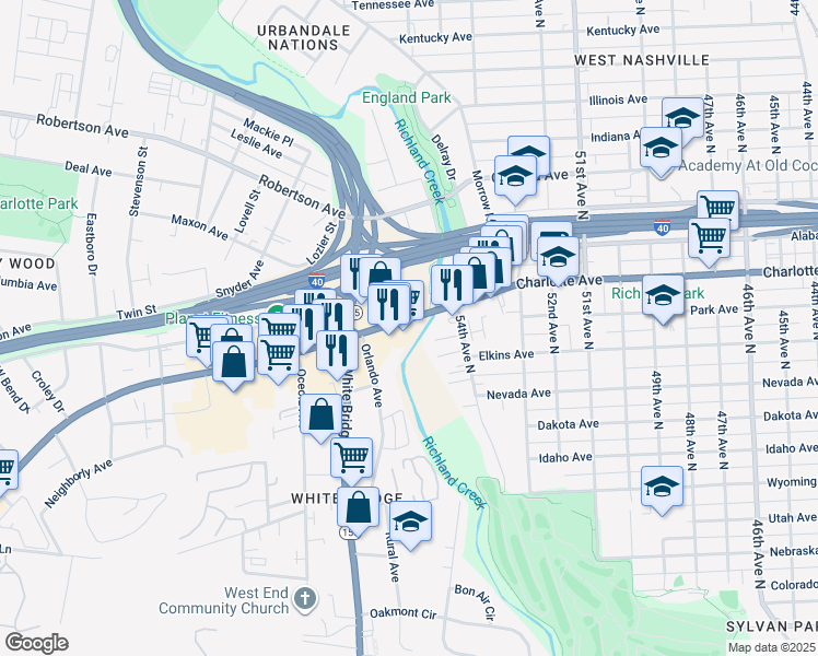 map of restaurants, bars, coffee shops, grocery stores, and more near 5515 Charlotte Pike in Nashville
