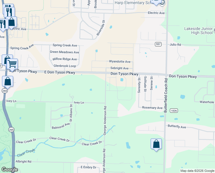 map of restaurants, bars, coffee shops, grocery stores, and more near 3895 George Anderson Road in Springdale