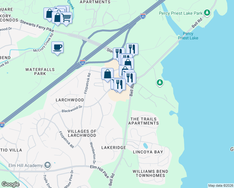 map of restaurants, bars, coffee shops, grocery stores, and more near 3636 Bell Road in Nashville