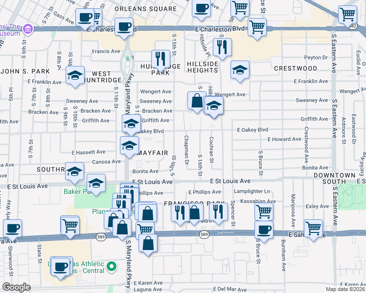 map of restaurants, bars, coffee shops, grocery stores, and more near 1801 South 15th Street in Las Vegas