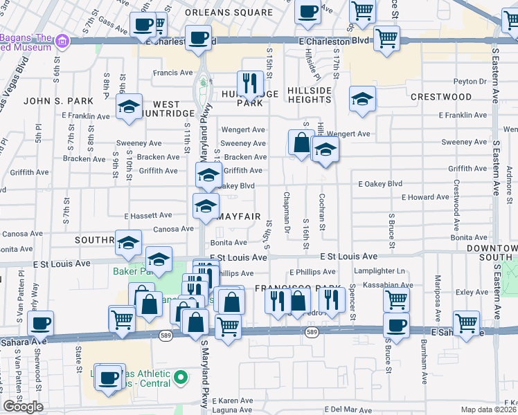 map of restaurants, bars, coffee shops, grocery stores, and more near 1800 South 14th Street in Las Vegas