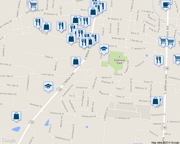 map of restaurants, bars, coffee shops, grocery stores, and more near 612 South Willow Avenue in Cookeville