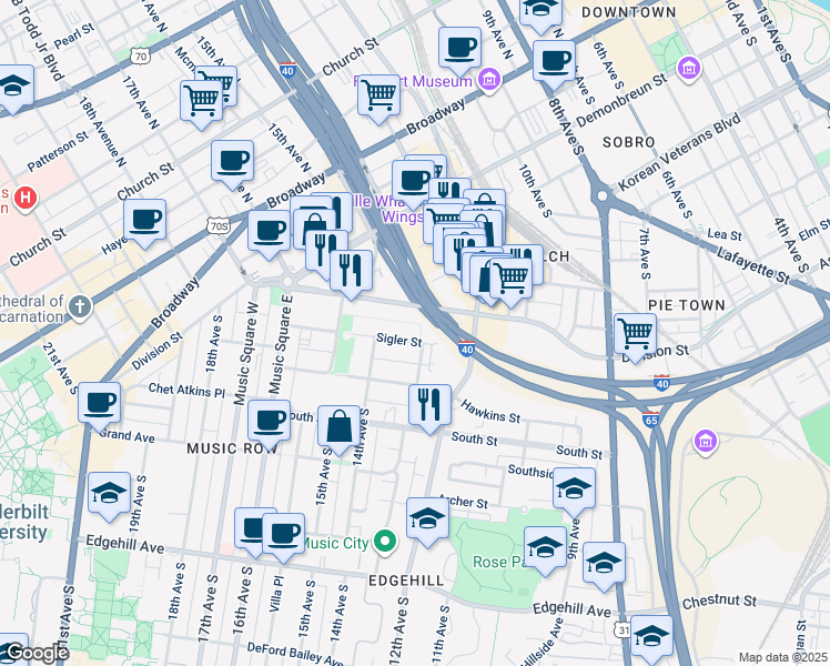 map of restaurants, bars, coffee shops, grocery stores, and more near 1203 Sigler Street in Nashville