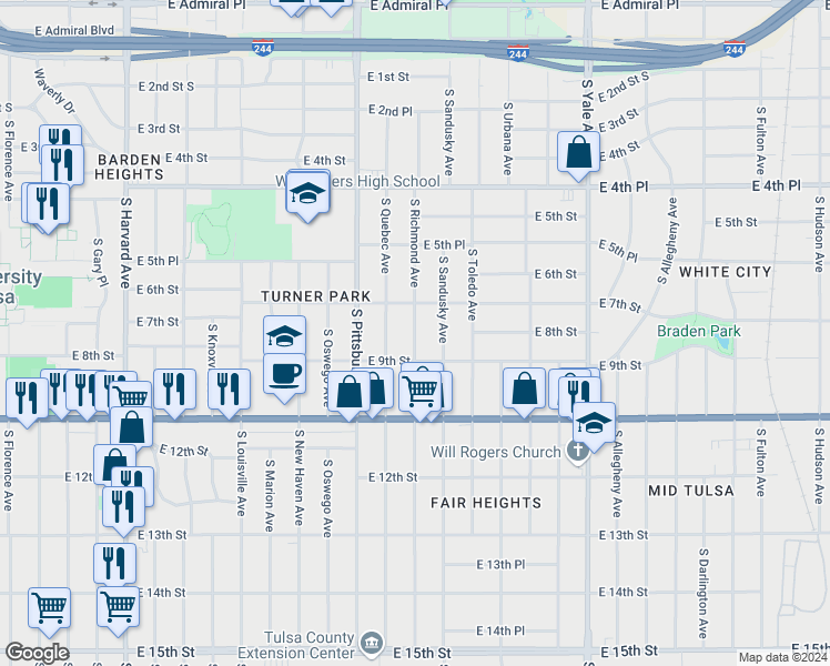 map of restaurants, bars, coffee shops, grocery stores, and more near 740 South Richmond Avenue in Tulsa