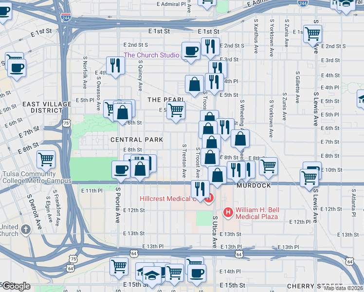 map of restaurants, bars, coffee shops, grocery stores, and more near 806 South Trenton Avenue in Tulsa