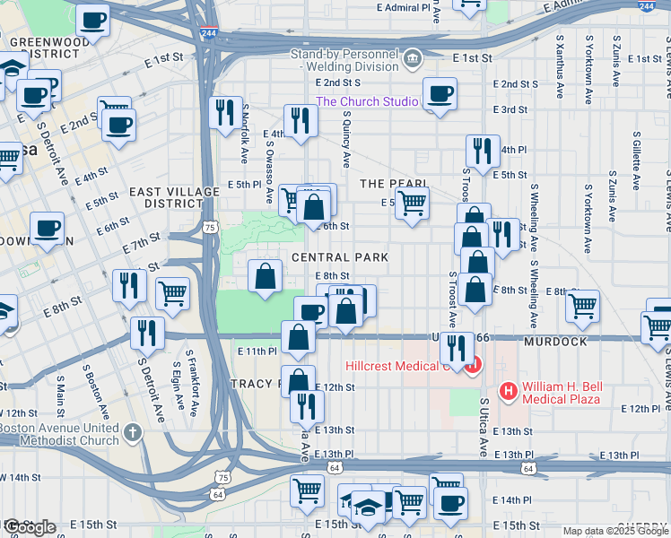 map of restaurants, bars, coffee shops, grocery stores, and more near 805 South Quaker Avenue in Tulsa