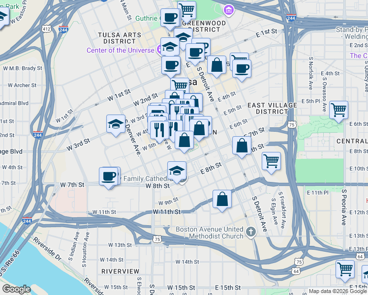 map of restaurants, bars, coffee shops, grocery stores, and more near in Tulsa
