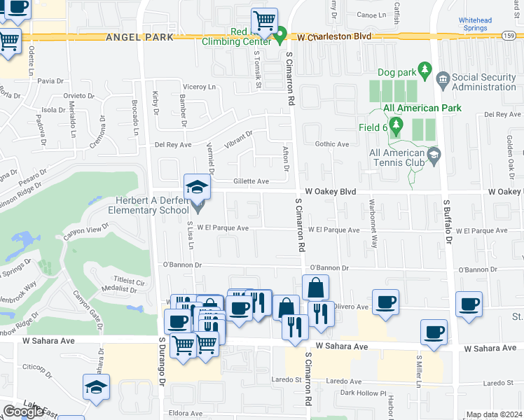 map of restaurants, bars, coffee shops, grocery stores, and more near South Tomsik Street in Clark County
