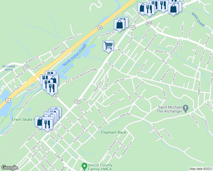 map of restaurants, bars, coffee shops, grocery stores, and more near 720 North Elm Avenue in Erwin