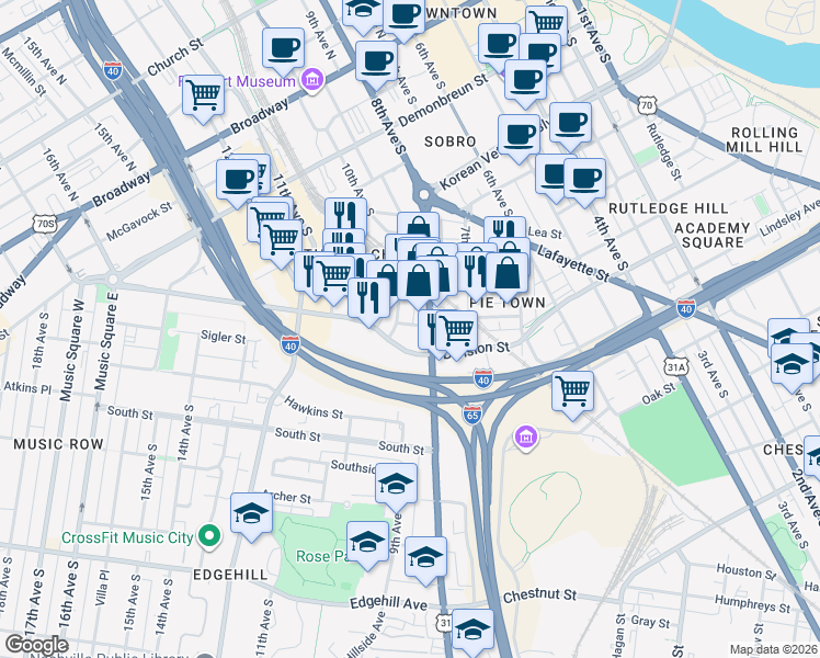 map of restaurants, bars, coffee shops, grocery stores, and more near 810 Division Street in Nashville