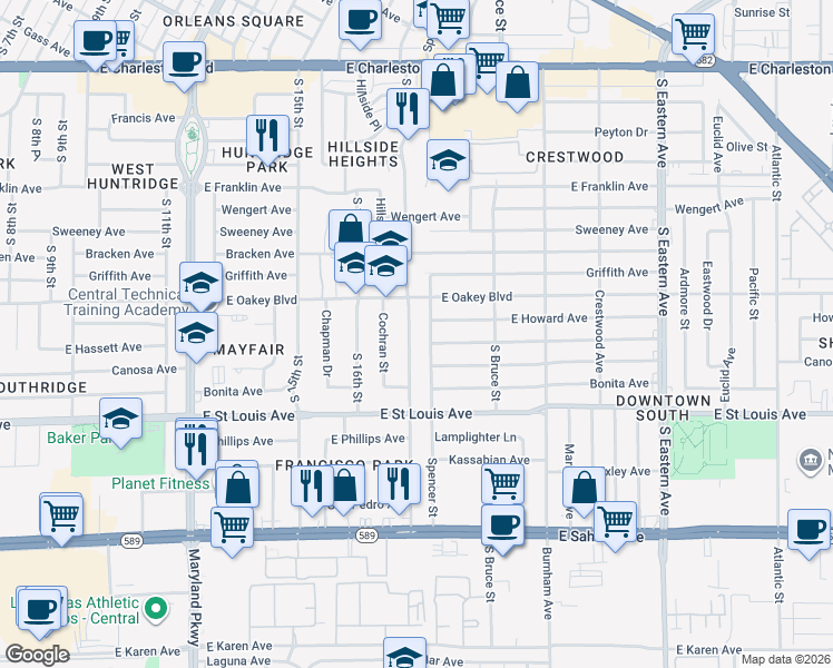 map of restaurants, bars, coffee shops, grocery stores, and more near 1721 South 17th Street in Las Vegas